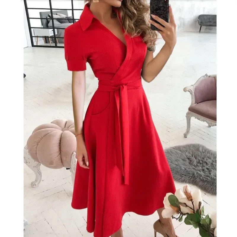 2023 Spring Autumn Dress Women Fashion Solid Slim Pocket Lace Up Dress Women Casual Printed Short Sleeve V-neck High Waist Dress