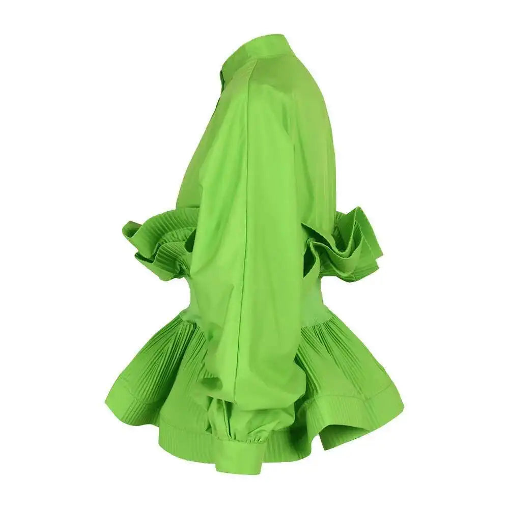 XFPV Women Puff Sleeve Pleated Ruffle Solid Casual Blouse Patchwork Y2k Top Slim Waist Shirt Sweet Summer Spring 2025 SM2983