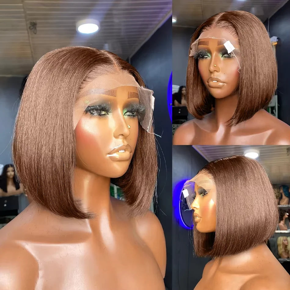Brazilian  250 Density Short Bob 13x4 HD Transparent Lace Front Human Hair Wig Chocolate Brown Straight 13x5 Lace Frontal Wigs