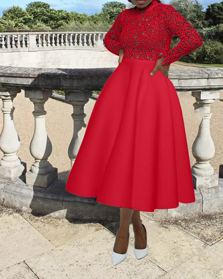 Women Long Dress A Line Dresses Lace Floral Party Night Wedding Mock Neck White Prom Hight Waist Slim Elegant Maxi Vestidos