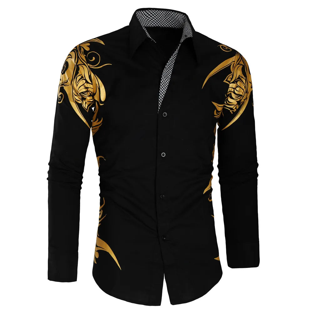 2024 Men's Brand Shirt, Luxury Gold High Quality Long Sleeve Shirts, Business White Black Men Dress Prom Social Print Shirts