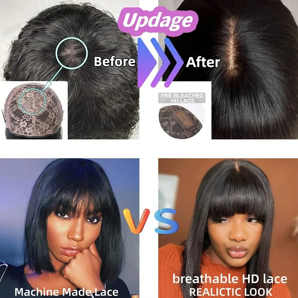 Wiggogo 3X1 Middle Part Lace Wig Bob Wigs Full Machine Made Bone Straight Human Hair Wigs With Bangs Short Bob Human Hair Wigs