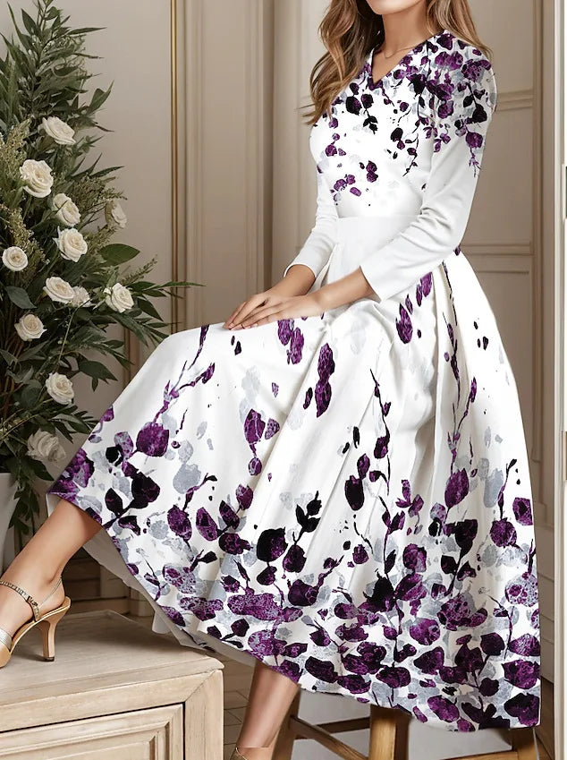 Casual Floral Print Vintage Dress For Women New Spring Autumn Full Sleeve V-neck Long Dress Elegant Party Dresses Female