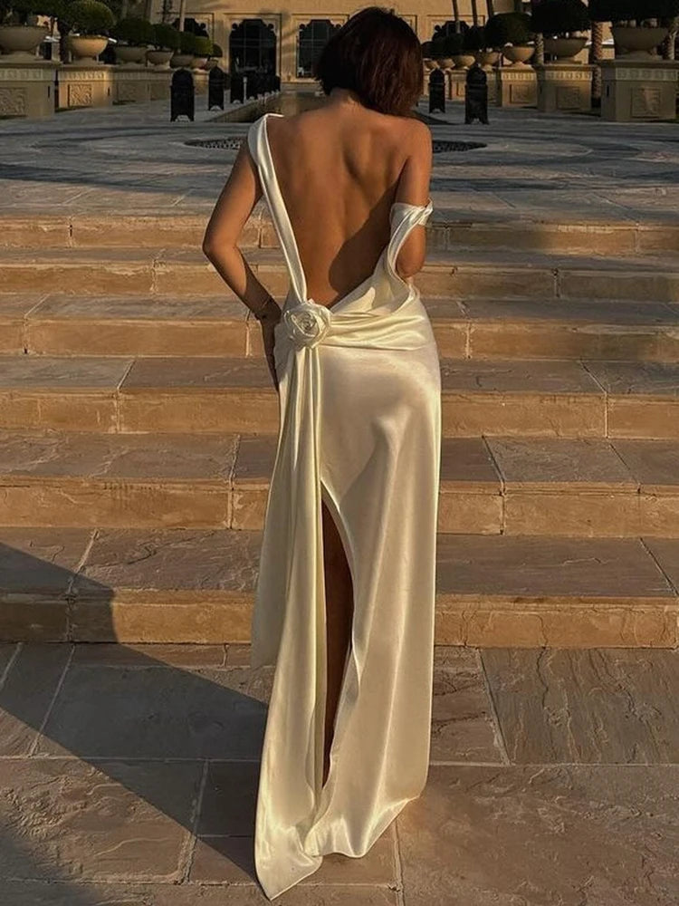 Mozision Satin Backless Sexy Maxi Dress For Women Elegant Rose Thigh High Split Beach Holiday Long Dress Gorgeous Club Gown