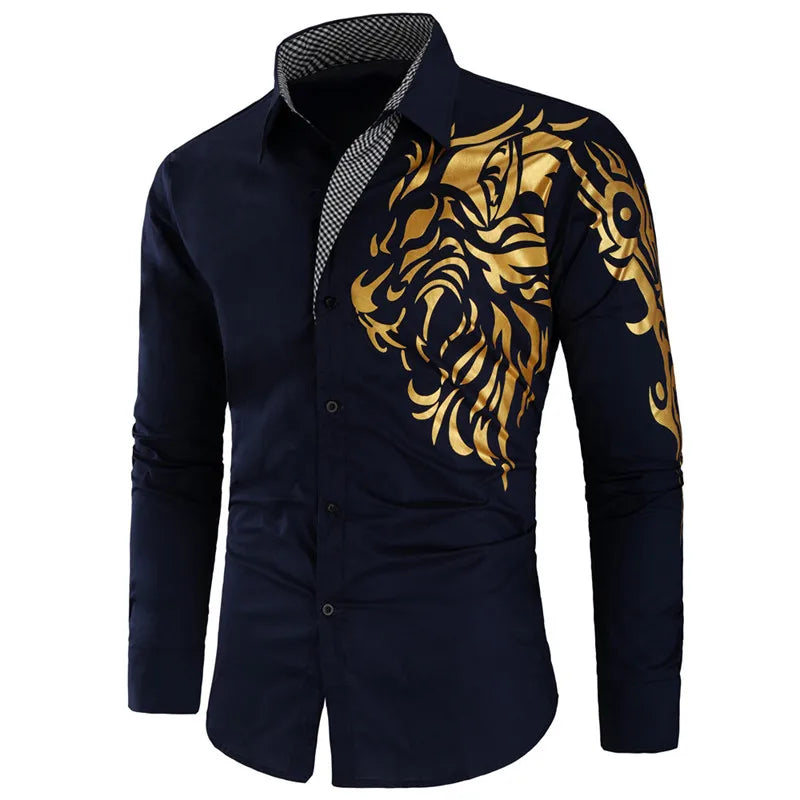 2024 Men's Brand Shirt, Luxury Gold High Quality Long Sleeve Shirts, Business White Black Men Dress Prom Social Print Shirts