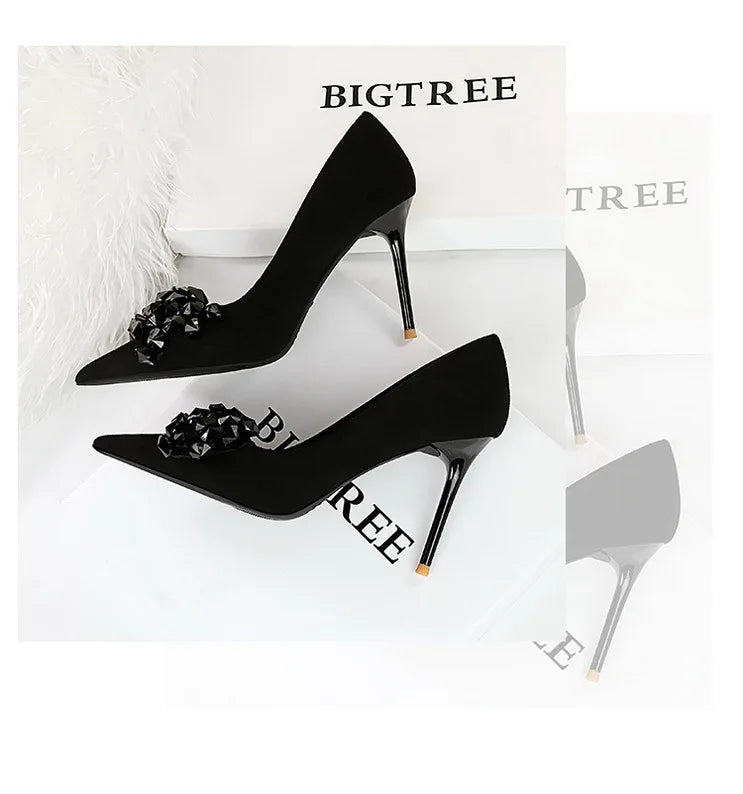 BIGTREE Shoes 2025 Rhinestone Women Pumps Bowknot High Heels Luxury Gemstone Banquet Shoes Stilettos Heels 9 Cm Ladies Shoes