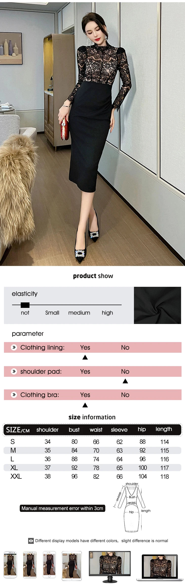 New Women's French  Elegant Black Dress Celebrity Sheer Lace Spliced Midi Robe Professional Business Vestidos Mujer Party Gown