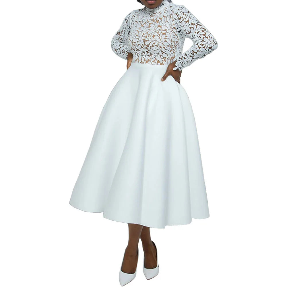 Women Long Dress A Line Dresses Lace Floral Party Night Wedding Mock Neck White Prom Hight Waist Slim Elegant Maxi Vestidos