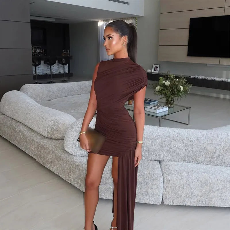 Irregular One Shoulder Pleated Dress Women's Vintage Mock Neck Slim Fit Mini Vestidos 2025 Lady Summer Vacation Party Gowns New