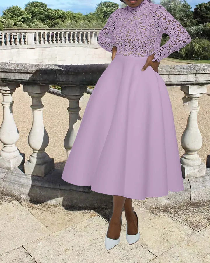 Women Long Dress A Line Dresses Lace Floral Party Night Wedding Mock Neck White Prom Hight Waist Slim Elegant Maxi Vestidos