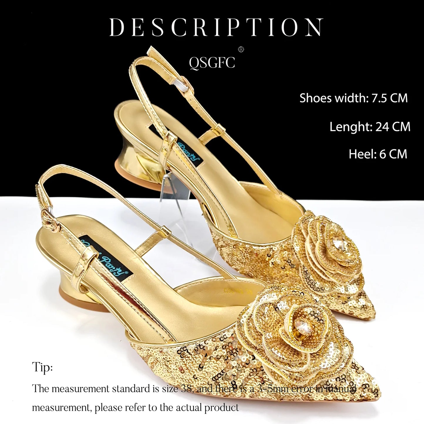 QSGFC Shiny Gold Color Shoes and Bag Elegant Handbags and Medium Heel Shoes Beautiful Handmade Flowers For Wedding Party