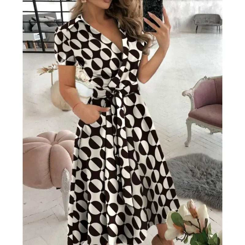 2023 Spring Autumn Dress Women Fashion Solid Slim Pocket Lace Up Dress Women Casual Printed Short Sleeve V-neck High Waist Dress