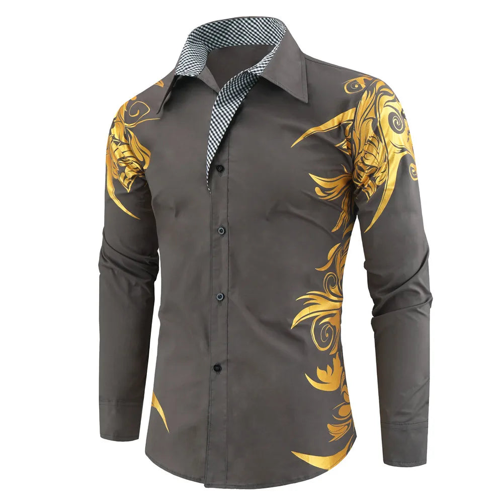 2024 Men's Brand Shirt, Luxury Gold High Quality Long Sleeve Shirts, Business White Black Men Dress Prom Social Print Shirts
