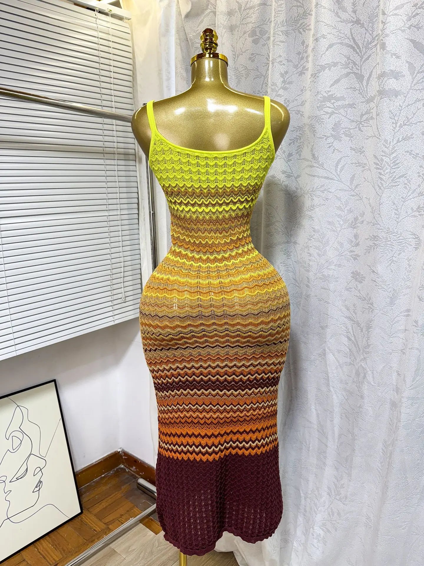 FAGADOER Summer Fashion Knitting Bodycon Maxi Dress Women Rainbow Color Spaghetti Strap Long Dress Female Streetwear Vestidos