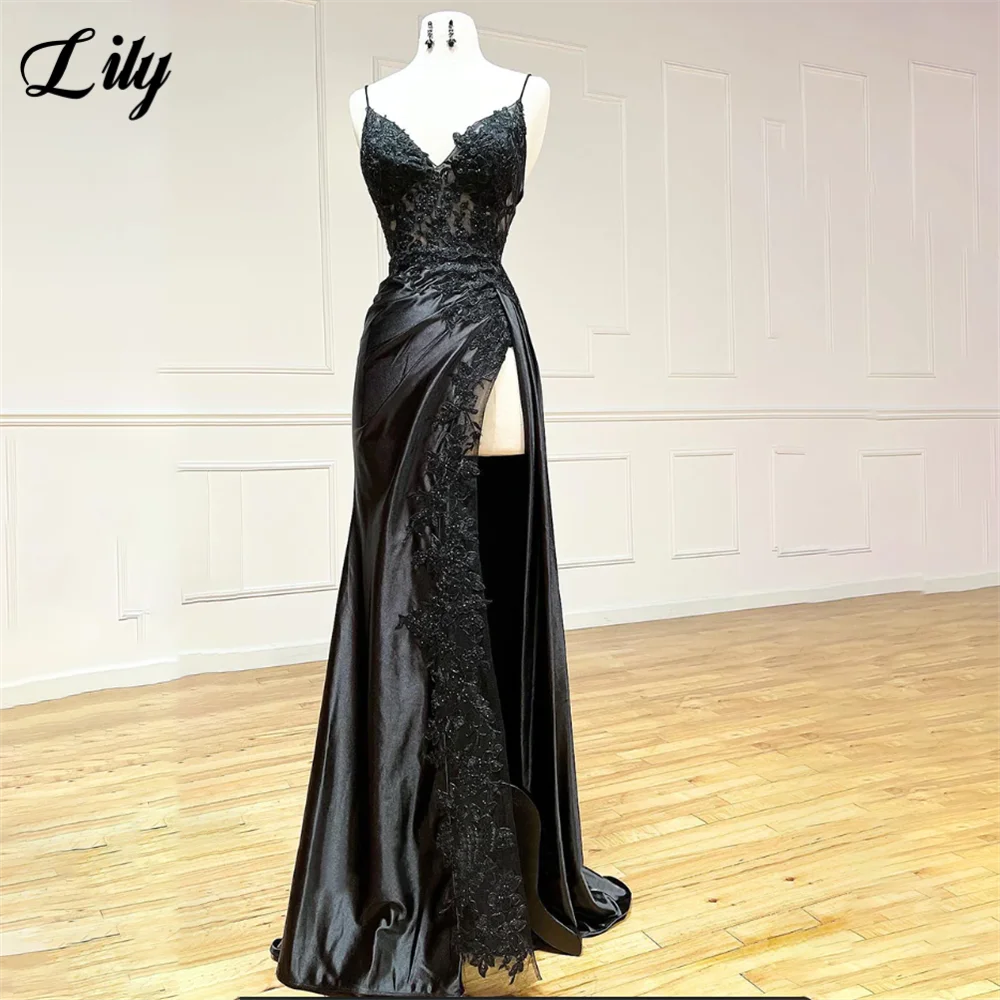Lily Spaghetti Strap Black Prom Dress Mermaid Sexy Celebrity Dresses Women's Evening Dress Appliques Lace Formal Gown Customized