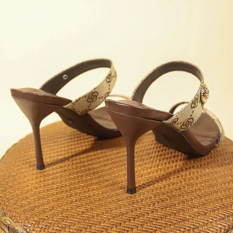 Flower Embroidery Stiletto Heel Slippers Women 2025 Summer Open Toe High Heels Sandals Woman Brand Fashion Party Shoes Plus Size