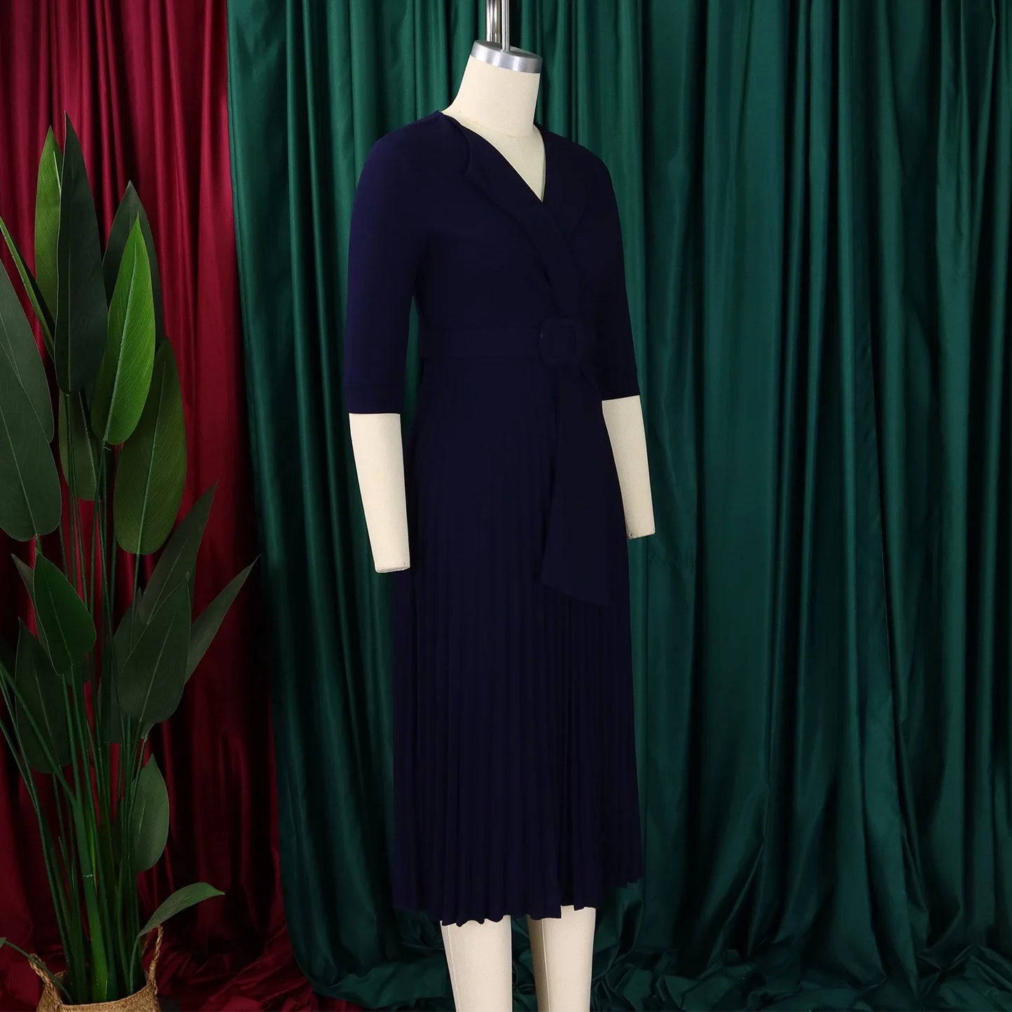 Elegant Office Ladies Dresses 2024 Autumn Fall Notched Collar Half Sleeve Belt Waisted Mid Calf Female Birthday Party Dress Midi