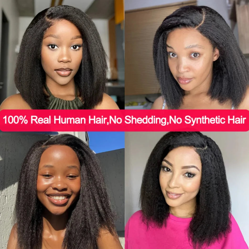 Kinky Straight Short Bob 100% Human Hair Wig for Women 13x4 Front Transparent Lace Glueless Peruvain Remy Hair Soft Yaki Bob Wig