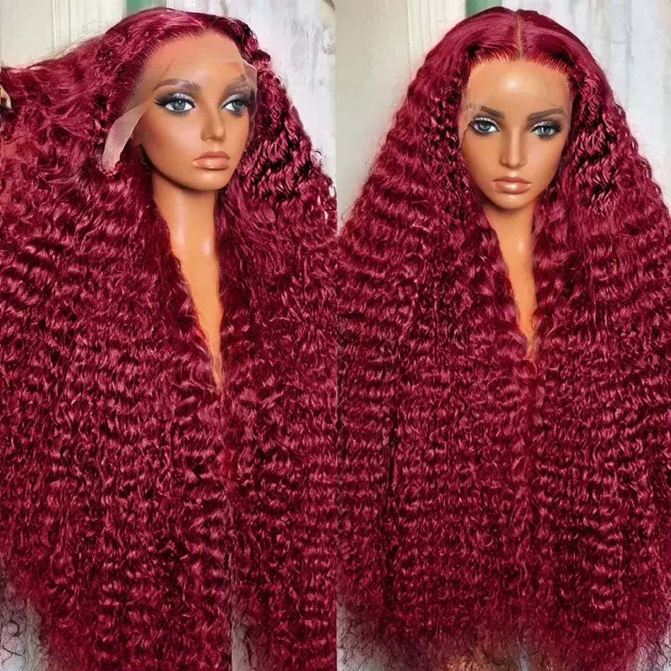 Burgundy Curly 13x6 Hd Lace Frontal Wig Human Hair 100% Brazilian 13x4 Water Deep Wave 99J Red Colored Wig For Women 30 40 Inch
