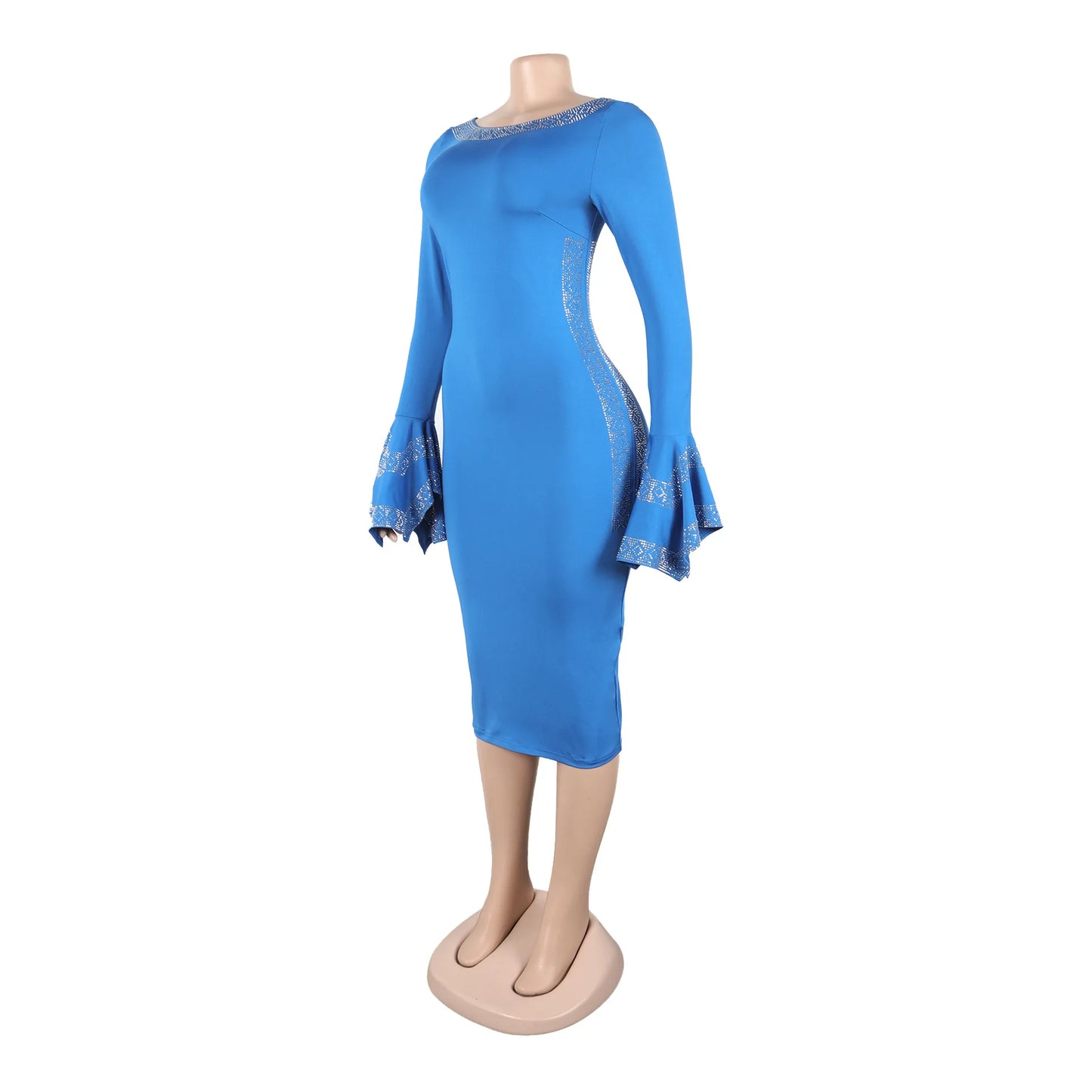 CM.YAYA Women O-neck Elegant Long Flare Sleeve Rhinestones Midi Dress 2025 OL Pencil Streetwear Africa Club Dresses Vestidos