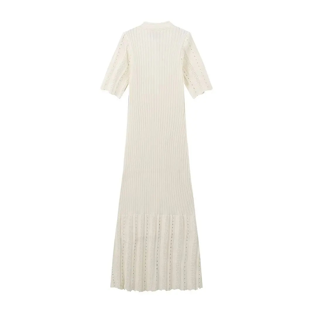 Elegant Knitted Patchwork Midi Dress Women's Short Sleeve High Waist Casual Single-Breasted Curvy Dresses Summer Black Apricot