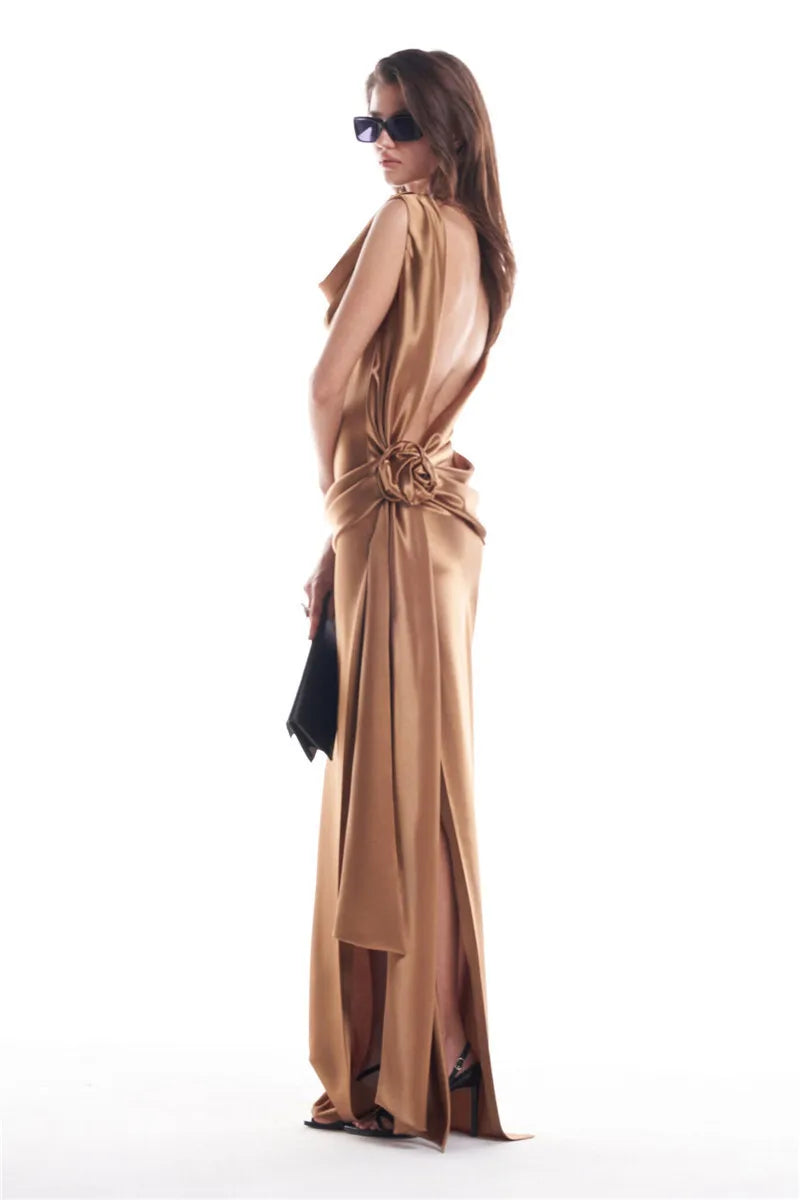 Mozision Satin Backless Sexy Maxi Dress For Women Elegant Rose Thigh High Split Beach Holiday Long Dress Gorgeous Club Gown