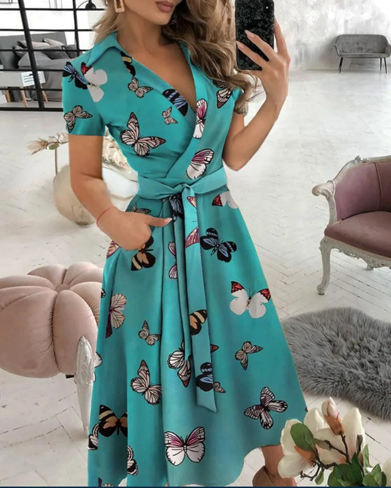 2023 Spring Autumn Dress Women Fashion Solid Slim Pocket Lace Up Dress Women Casual Printed Short Sleeve V-neck High Waist Dress
