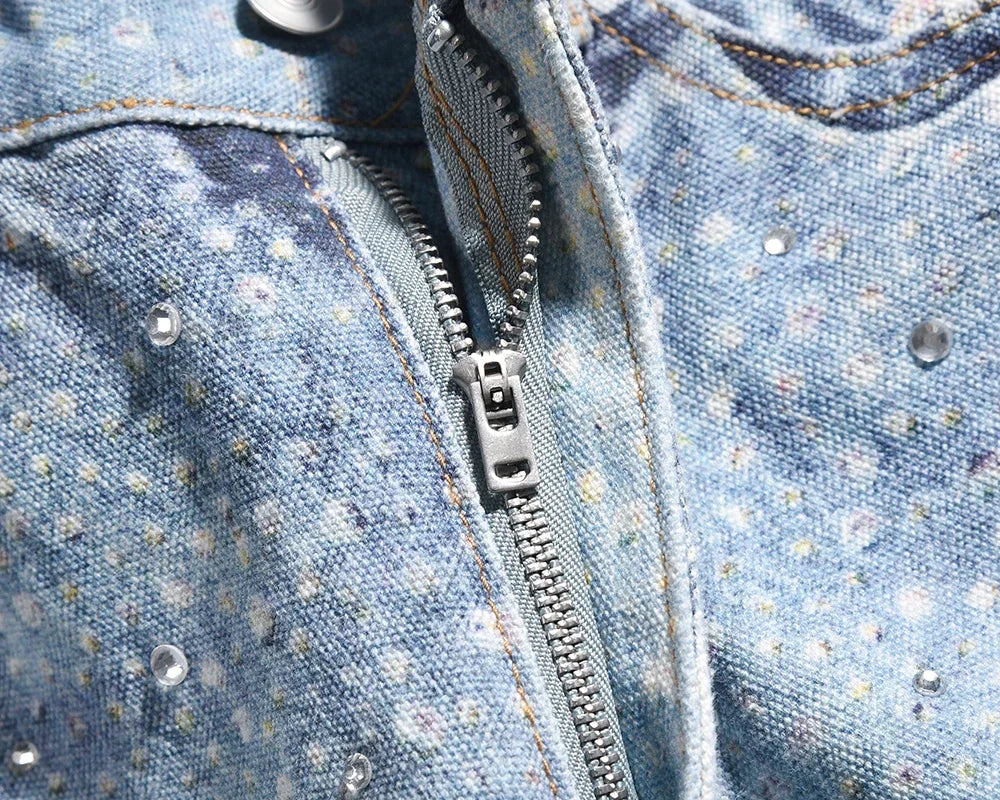 Full Rhinestone Print Washed Blue Baggy Jeans Mens and Women Ropa Hombre Streetwear Solid Casual Denim Trousers Loose Cargos