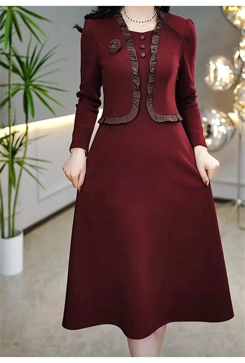 Autumn Winter Add Velvet Long Dress Women Fake Two Pieces Long Sleeve Dress High End Elegant Mother Wedding Party Dress Vestidos