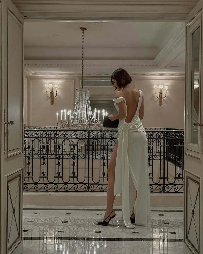 Mozision Satin Backless Sexy Maxi Dress For Women Elegant Rose Thigh High Split Beach Holiday Long Dress Gorgeous Club Gown