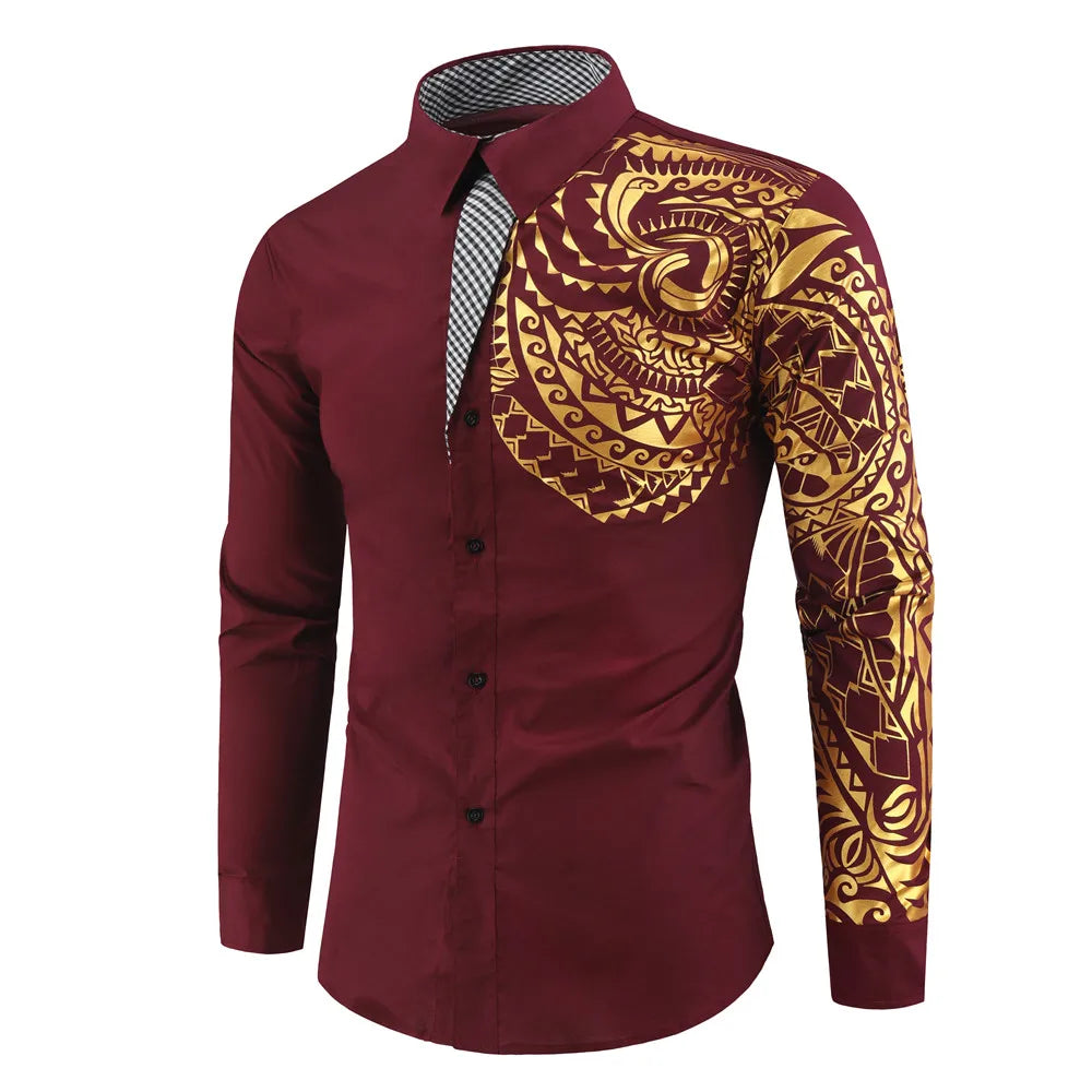 2024 Men's Brand Shirt, Luxury Gold High Quality Long Sleeve Shirts, Business White Black Men Dress Prom Social Print Shirts