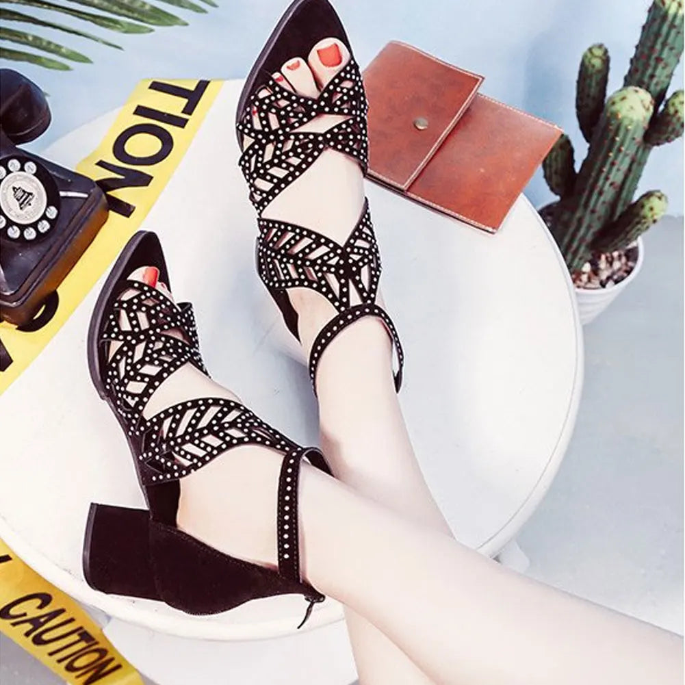 2022 New Style Women Summer Hollow Out Faux Leather Rhinestones Thick Heel Zipper Sandals Shoes Eur 35-41