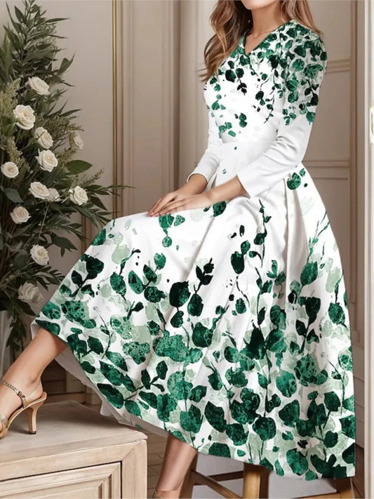 Casual Floral Print Vintage Dress For Women New Spring Autumn Full Sleeve V-neck Long Dress Elegant Party Dresses Female