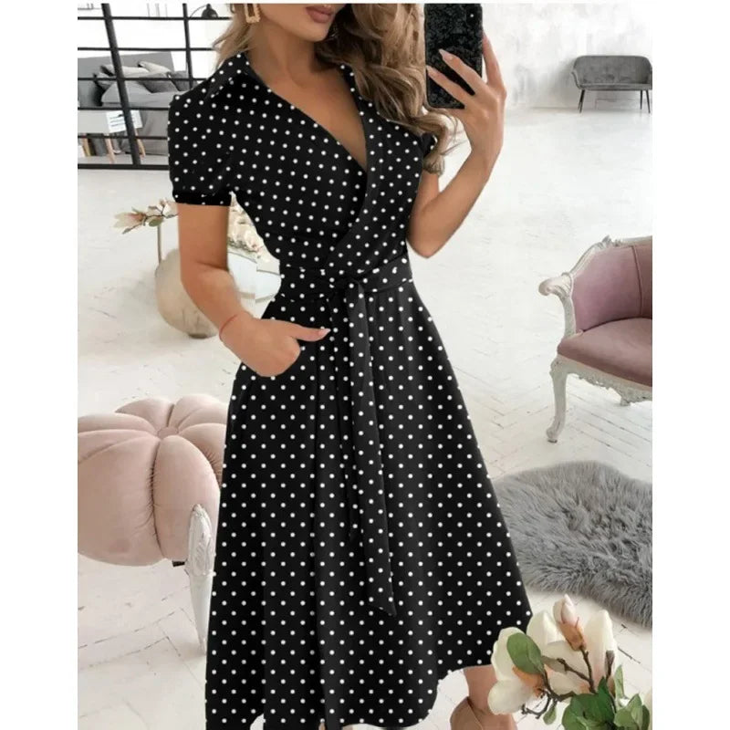 2023 Spring Autumn Dress Women Fashion Solid Slim Pocket Lace Up Dress Women Casual Printed Short Sleeve V-neck High Waist Dress