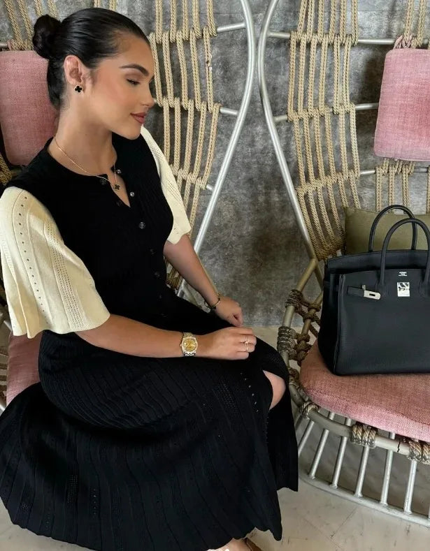 Elegant Knitted Patchwork Midi Dress Women's Short Sleeve High Waist Casual Single-Breasted Curvy Dresses Summer Black Apricot