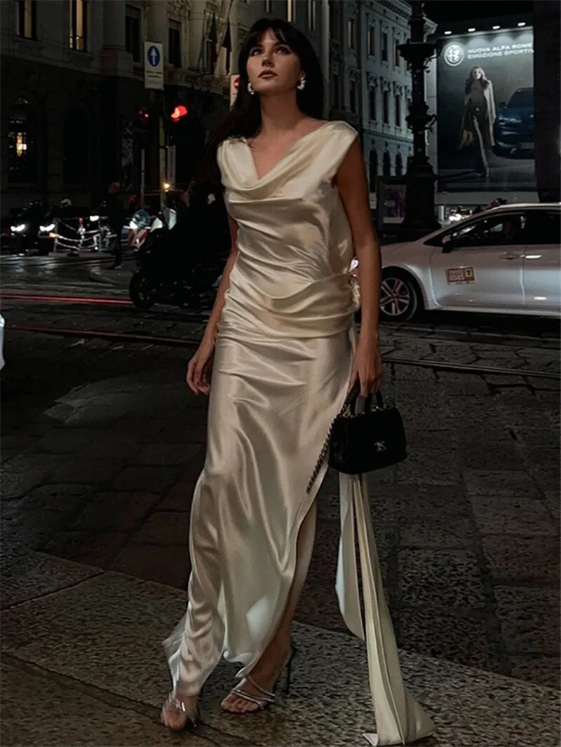 Mozision Satin Backless Sexy Maxi Dress For Women Elegant Rose Thigh High Split Beach Holiday Long Dress Gorgeous Club Gown