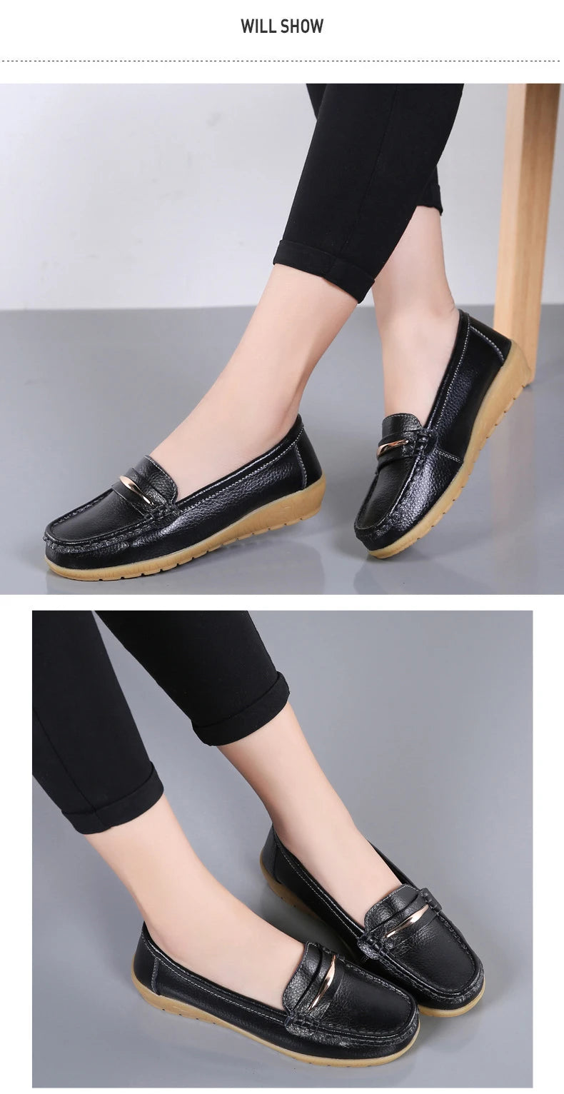 WOIZGIC Women's Mother Ladies Woman Female Genuine Leather Shoes Flats Loafers Platform Bling Slip On Moccasins Plus Size 43 44