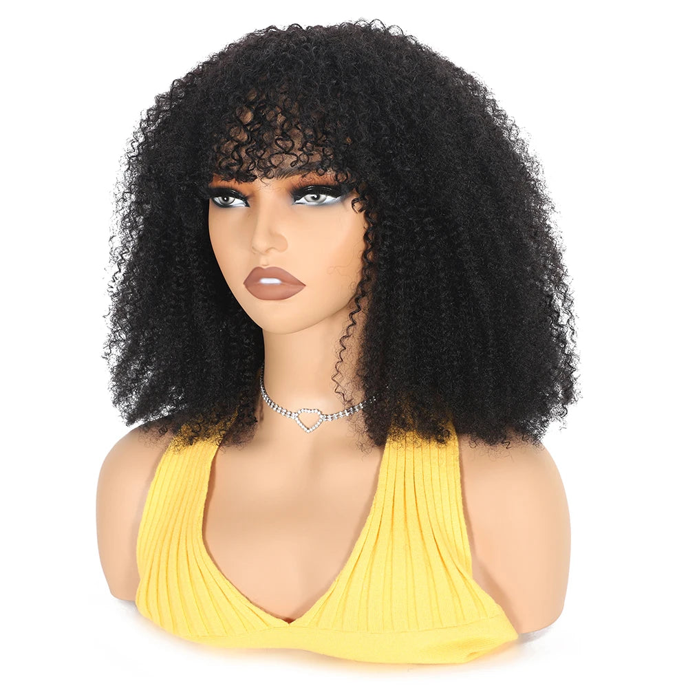 180 250 Density Afro Kinky Curly Human Hair Wigs With Bang For Black Women Brazilian 100% Human Hair Remy Full Machine Made Hair