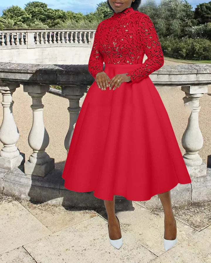 Women Long Dress A Line Dresses Lace Floral Party Night Wedding Mock Neck White Prom Hight Waist Slim Elegant Maxi Vestidos