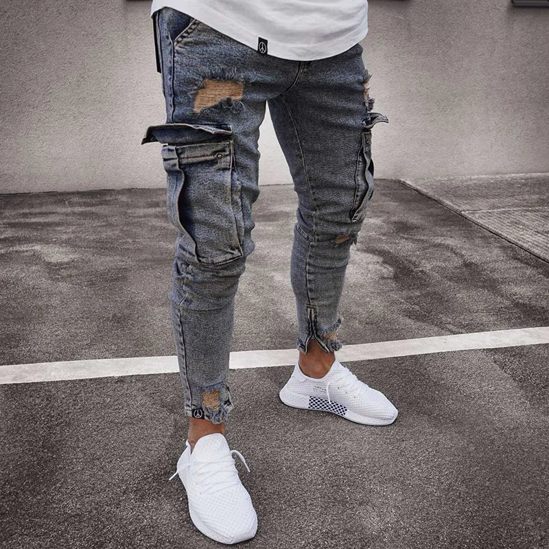 Street Elastic Jeans Men Denim Cargo Pants Wash Solid Color Multi Pockets Casual Mid Waist Trousers Slim Fit Daily Wear Joggers