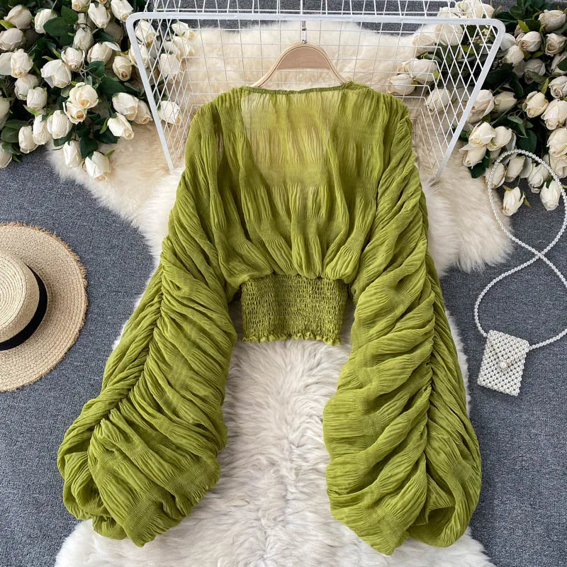 Women Sexy Chiffon Short Blouse Female See Through Super Long Sleeve Blusas Purple/Green/Black/White Folds Party Tops 2022 New