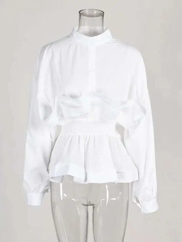 XFPV Women Puff Sleeve Pleated Ruffle Solid Casual Blouse Patchwork Y2k Top Slim Waist Shirt Sweet Summer Spring 2025 SM2983
