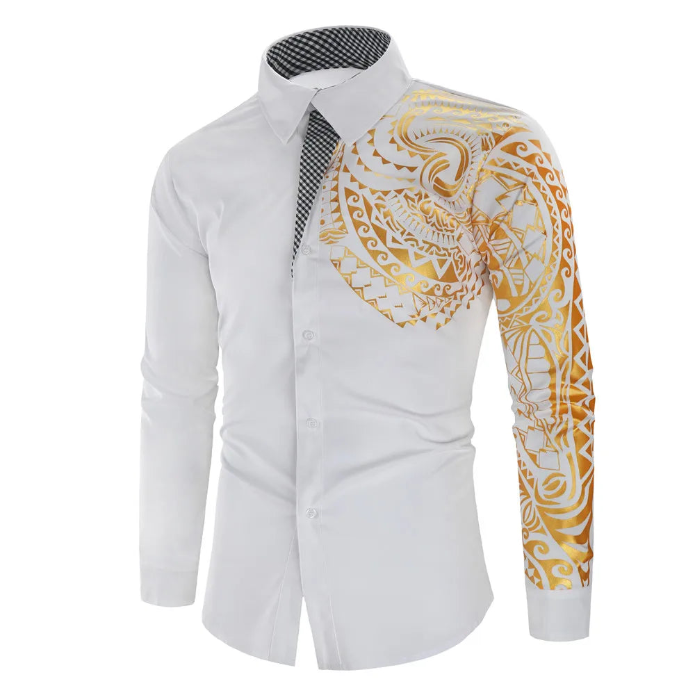 2024 Men's Brand Shirt, Luxury Gold High Quality Long Sleeve Shirts, Business White Black Men Dress Prom Social Print Shirts