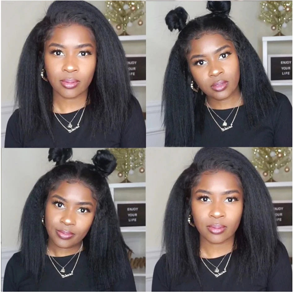 Kinky Straight Short Bob 100% Human Hair Wig for Women 13x4 Front Transparent Lace Glueless Peruvain Remy Hair Soft Yaki Bob Wig