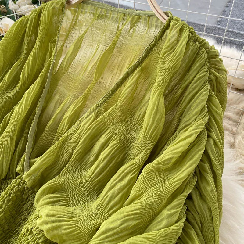 Women Sexy Chiffon Short Blouse Female See Through Super Long Sleeve Blusas Purple/Green/Black/White Folds Party Tops 2022 New