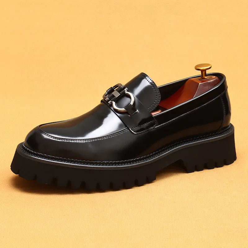 cow leather British loafers men glossy leather business casual Heightenin shoes non slip tire soles dress shoes Round toe shoes