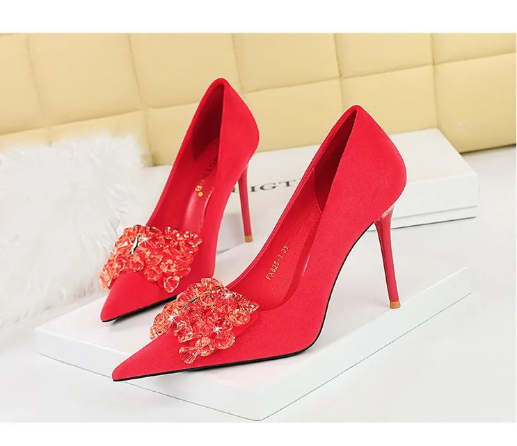 BIGTREE Shoes 2025 Rhinestone Women Pumps Bowknot High Heels Luxury Gemstone Banquet Shoes Stilettos Heels 9 Cm Ladies Shoes