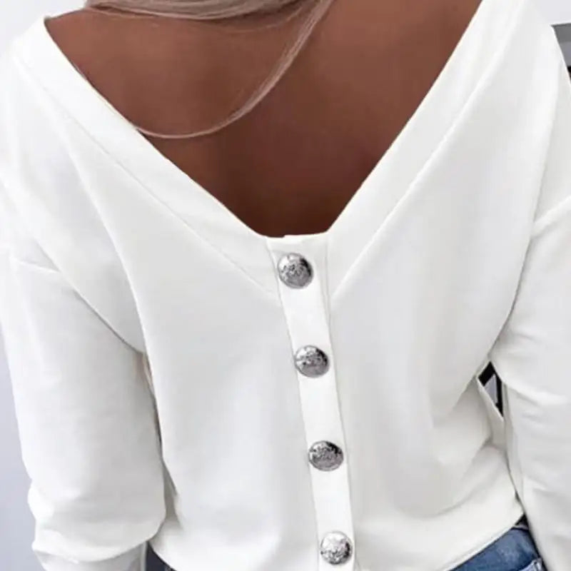 Autumn Long Sleeve Chic Back Buttons Pullovers Shirts Women Elegant Slim Fit Casual Blouse Women Fashion Solid Skew Collar Shirt