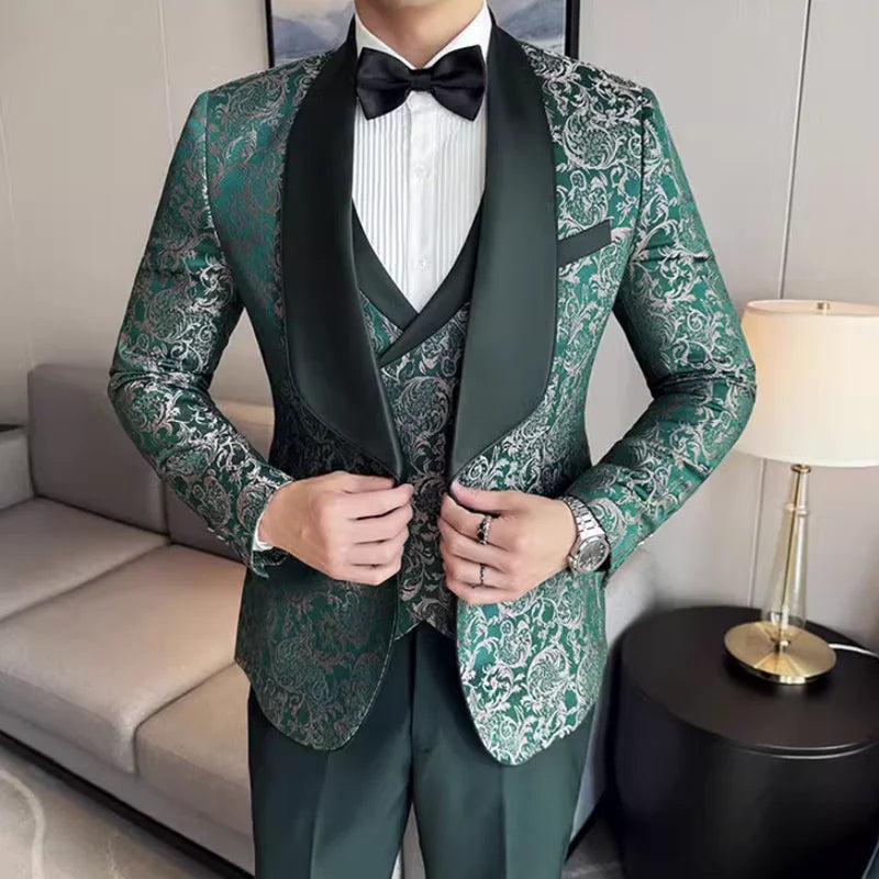 Men High Quality Wedding Jacquard Suits Fashion Male Business Social Dance Party Dress Blazers and Pant with Vest