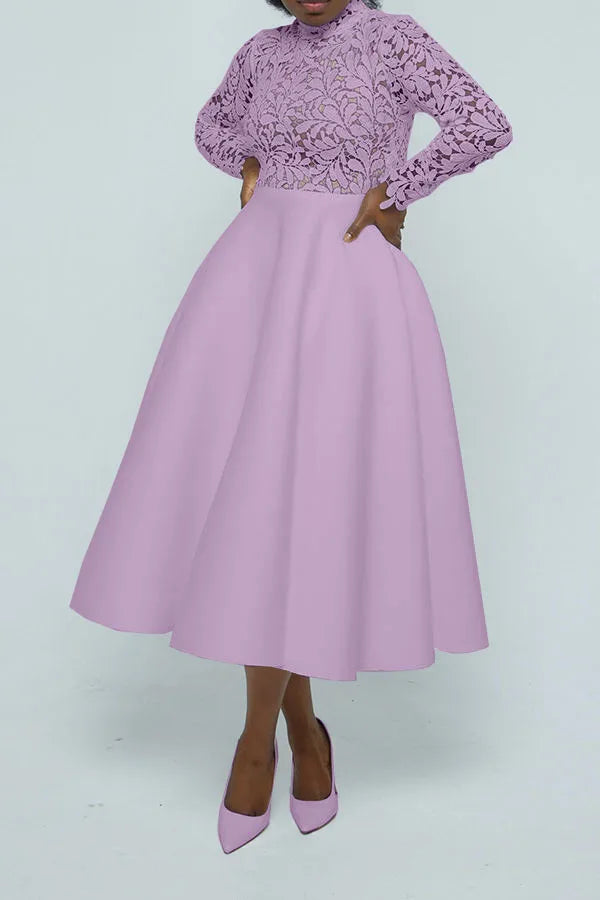 Women Long Dress A Line Dresses Lace Floral Party Night Wedding Mock Neck White Prom Hight Waist Slim Elegant Maxi Vestidos